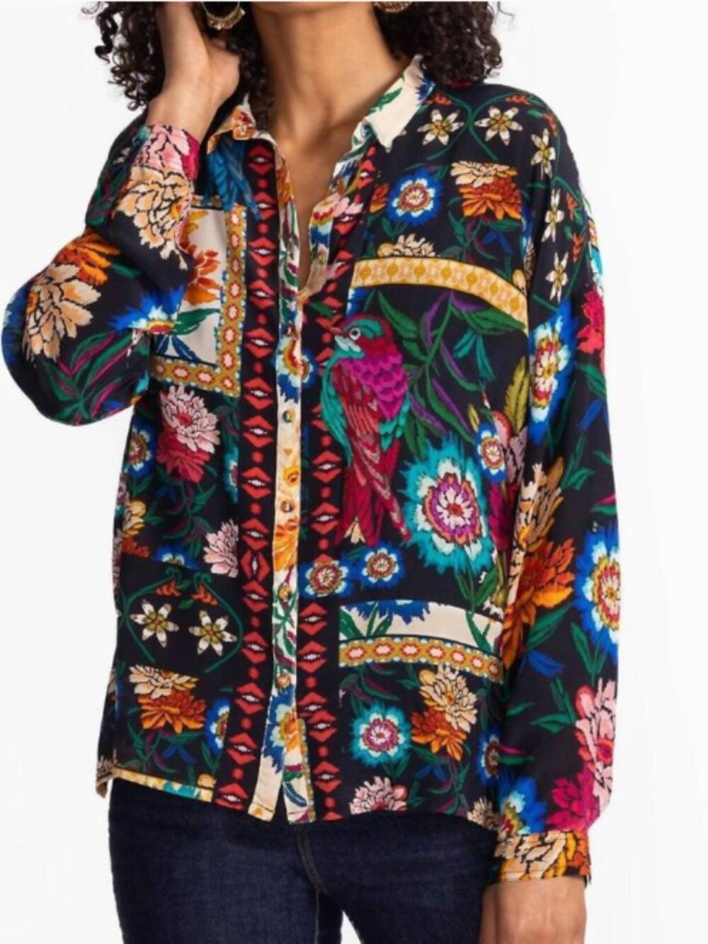 NWT M Johnny Was Eirene Audrey Silk Oversized Blouse Shirt Boho Bird Floral